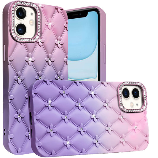 For Apple iPhone 11 Fashion Flower Design Sparkle Glitter Shimmer Rhinestone Bling Floral Accents, Leather Texture TPU Case Cover Light Pink /Light Purple