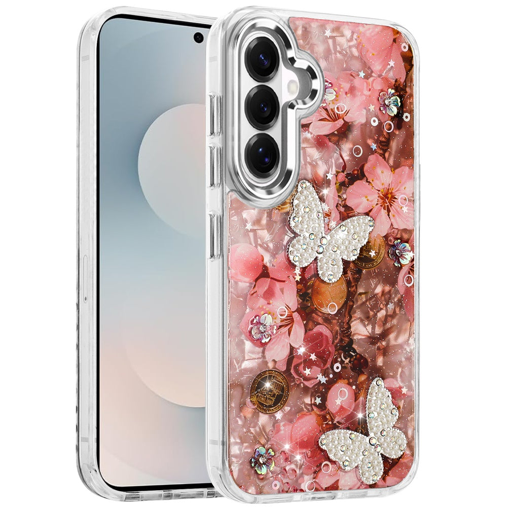 For Samsung Galaxy S26 Epoxy Glitter Flowers Bling 3D Butterfly Fashion TPU Hybrid with Shockproof Protection Case Cover