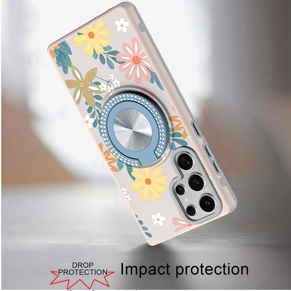 For Samsung Galaxy S23 Ultra Pattern Design Hybrid with Invisible Ring Stand & Magnetic Back, Shockproof Protective Grip Case Cover