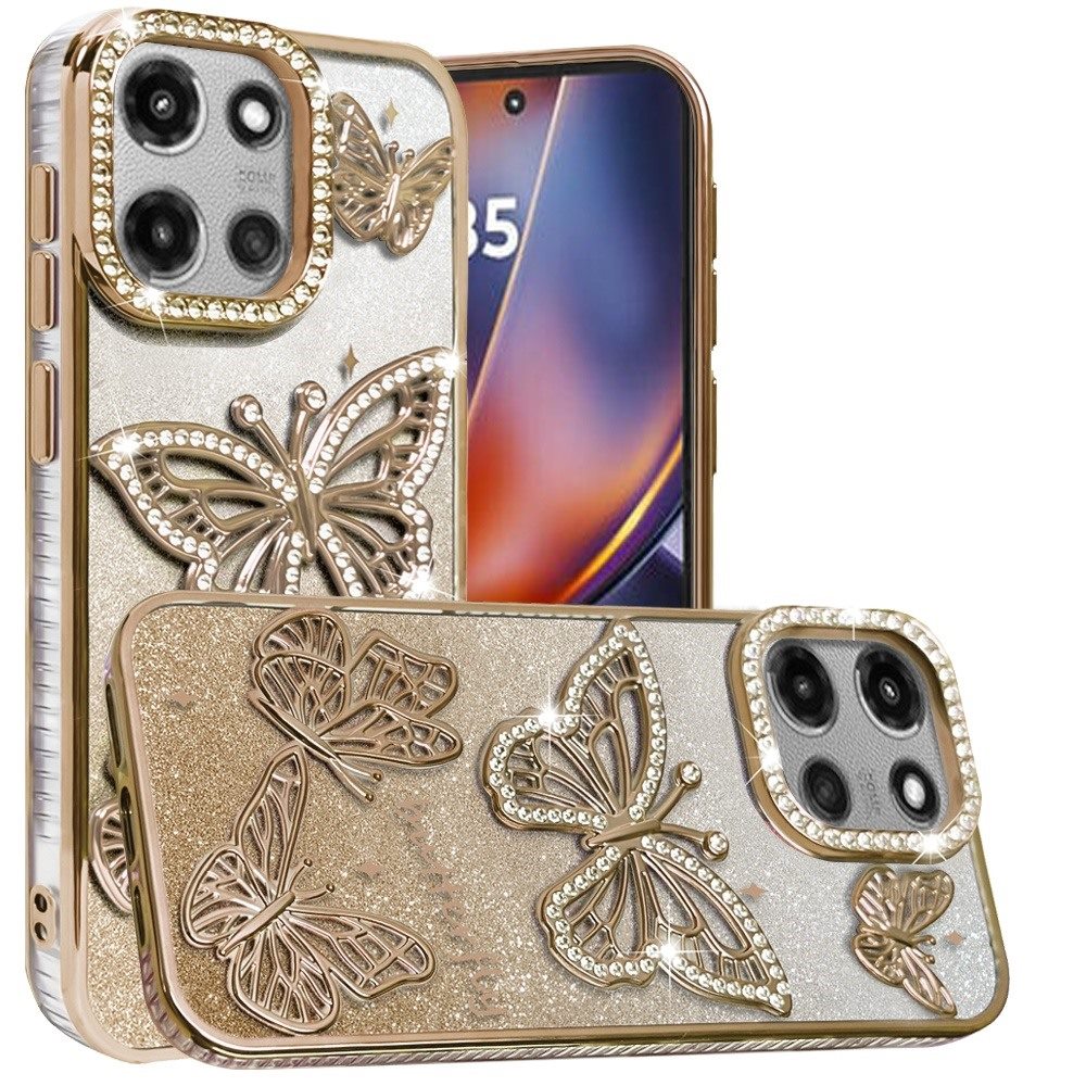 For Motorola Moto G Power 5G (2025) Luxury Butterfly Sparkle Glitter Diamond Crystal Rhinestone Shimmer Bling Plating Thick TPU Hard PC Case Cover