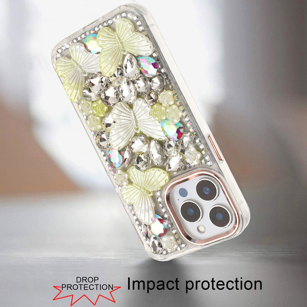 For Apple iPhone 14 Pro Max 3D Diamond Floral Butterfly Bling Stone Hybrid, Sparkly Rhinestone Gemstone Back Shockproof Case Cover
