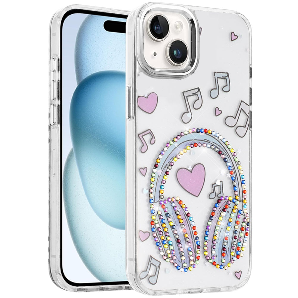 For iPhone 15 (6.1") Butterfly Resin Epoxy Diamond Design Metal Edged Hybrid Shockproof Heavy Duty Drop Protection Case Cover
