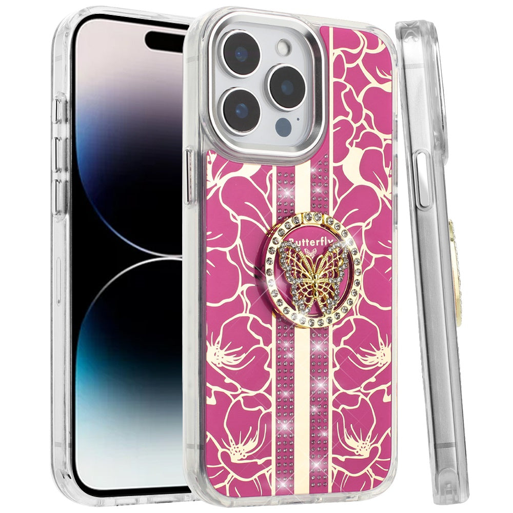 For Motorola Moto G 5G 2025 Diamonds 3D Butterfly Floral Design Bling Sparkly Glitter Hybrid Metal Fashion with Ring Stand Case Cover Hot Pink