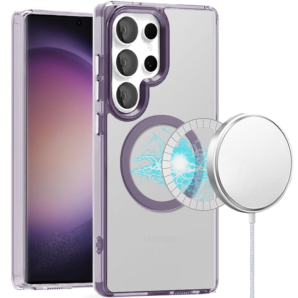 For Samsung Galaxy S23 Ultra Transparent Back Hybrid Case - Magnetic Circle, Color Frame, Metal Buttons, MagSafe Compatible Case Cover