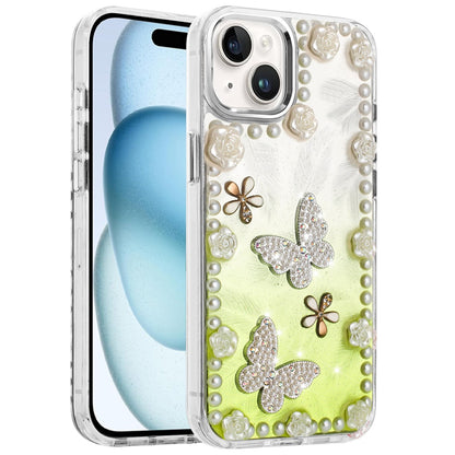 For Apple iPhone 14 /13 Bling Fashion Design with 3D Pearls Epoxy Glitter Ornaments Chrome Edge Hard Slim PC Case Cover