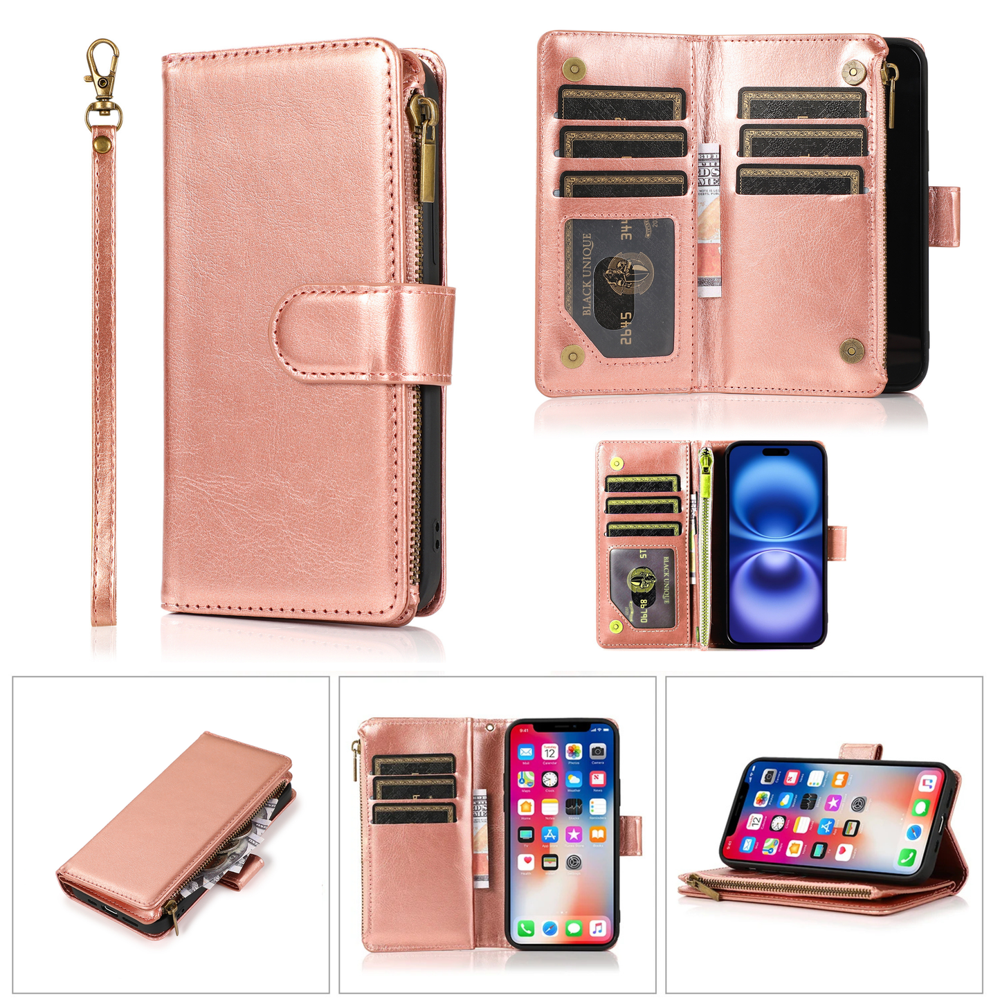 Phone Case for Google Pixel 10A Luxury Leather Wallet Card Holder Zipper Pocket Money Storage Protective Grip Design with Strap Cover Rose Gold