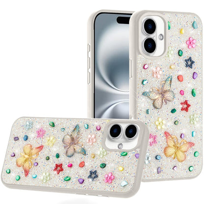 For iPhone 16 (6.1") Diamond Butterfly 3D Glitter Bling Design, Slim Hybrid Sparkle Protective Cover TPU for Women Girls Case Cover White