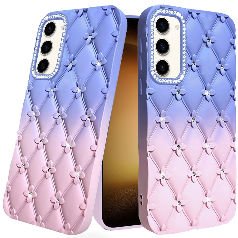 Phone Case for Samsung Galaxy S23 Floral Glitter Shimmer Bling Hybrid Shockproof Anti Slip Thick TPU Protective Stylish Design Cover Light Blue/Light Pink