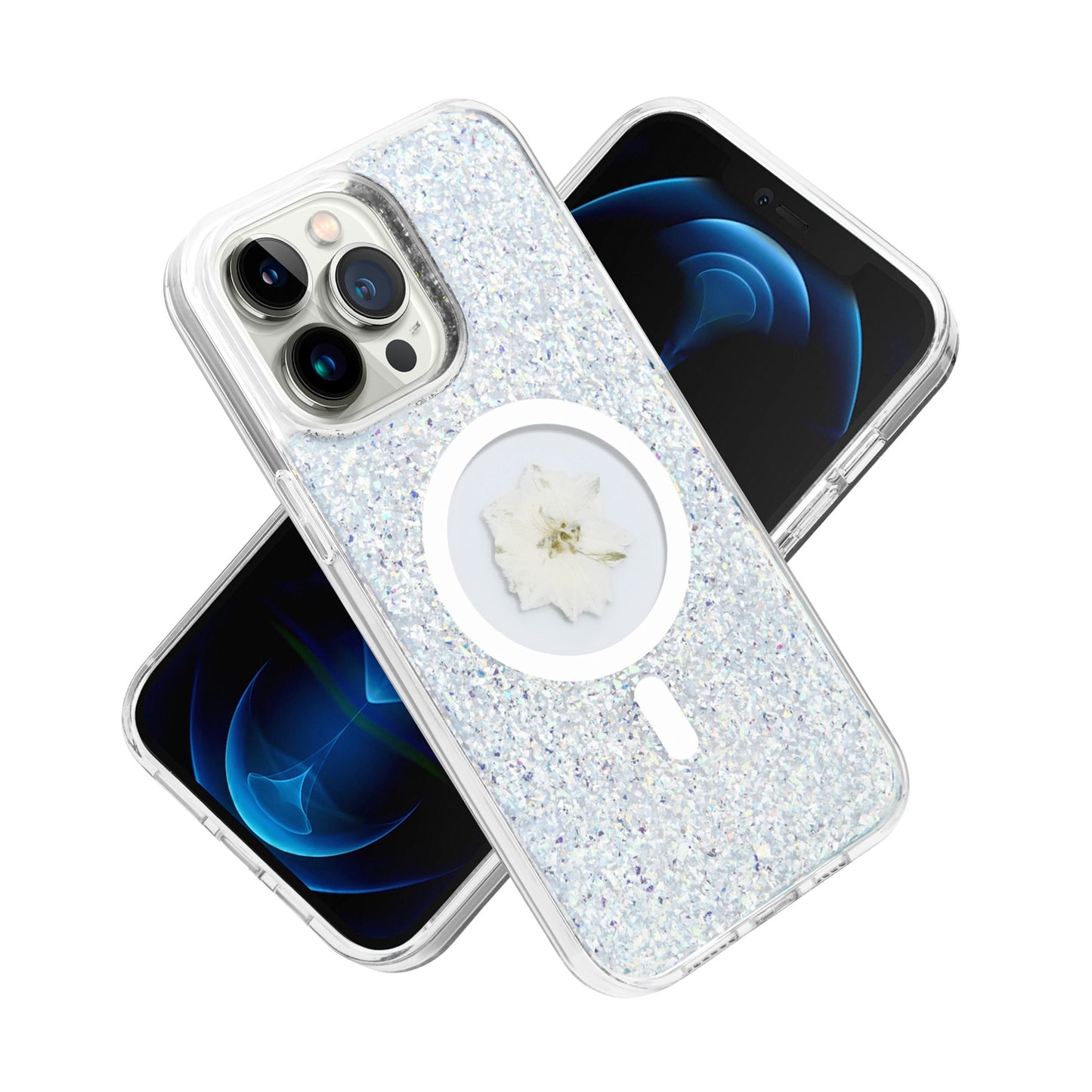 For Apple iPhone 15 Pro Max MagSafe Compatible Glitter Flower Epoxy Hybrid Slim TPU Case, Magnetic Circle Design, Sparkly Bling Protective Case Cover Silver
