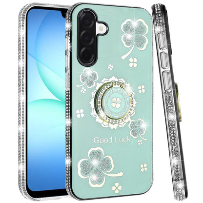 For Samsung Galaxy S25 Fan Edition /Galaxy S25 FE Diamonds Bling All Around Edges Sparkly Glitter Hybrid with Ring Stand Holder Fashion Good Luck Case Cover Teal