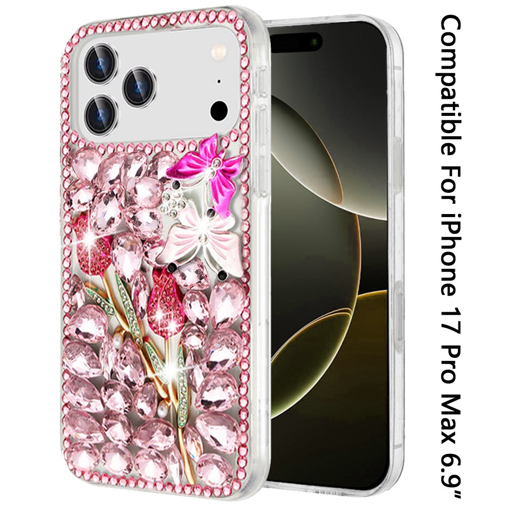 Phone Case for Apple iPhone 17 Pro Max (6.9") Luxury Full Diamond Glitter 3D Floral Ornament Hybrid Shockproof Stylish Rhinestone Designer Protective Elegant Cover Pink Exquisite Garden
