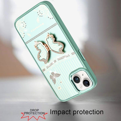 Phone Case for iPhone 15 (6.1") Glitter Bling Butterfly Stand Metallic Edge Hybrid Shockproof Grip Durable Camera Protection Stylish Design Cover Teal