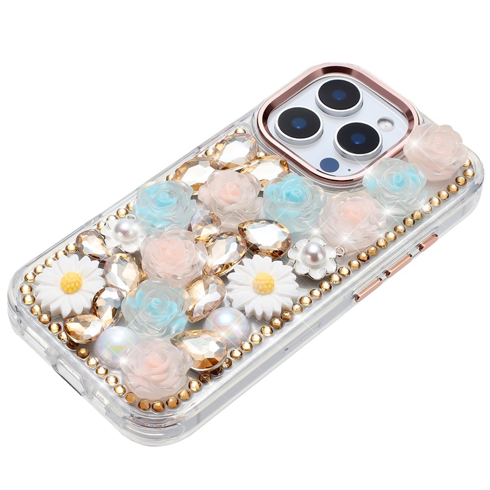 For Apple iPhone 15 Pro Max Fashion Daisy Floral Series, Full 3D Bling Crystal Diamonds Sparkling Rhinestone Glitter Hybrid Design Case Cover Gold