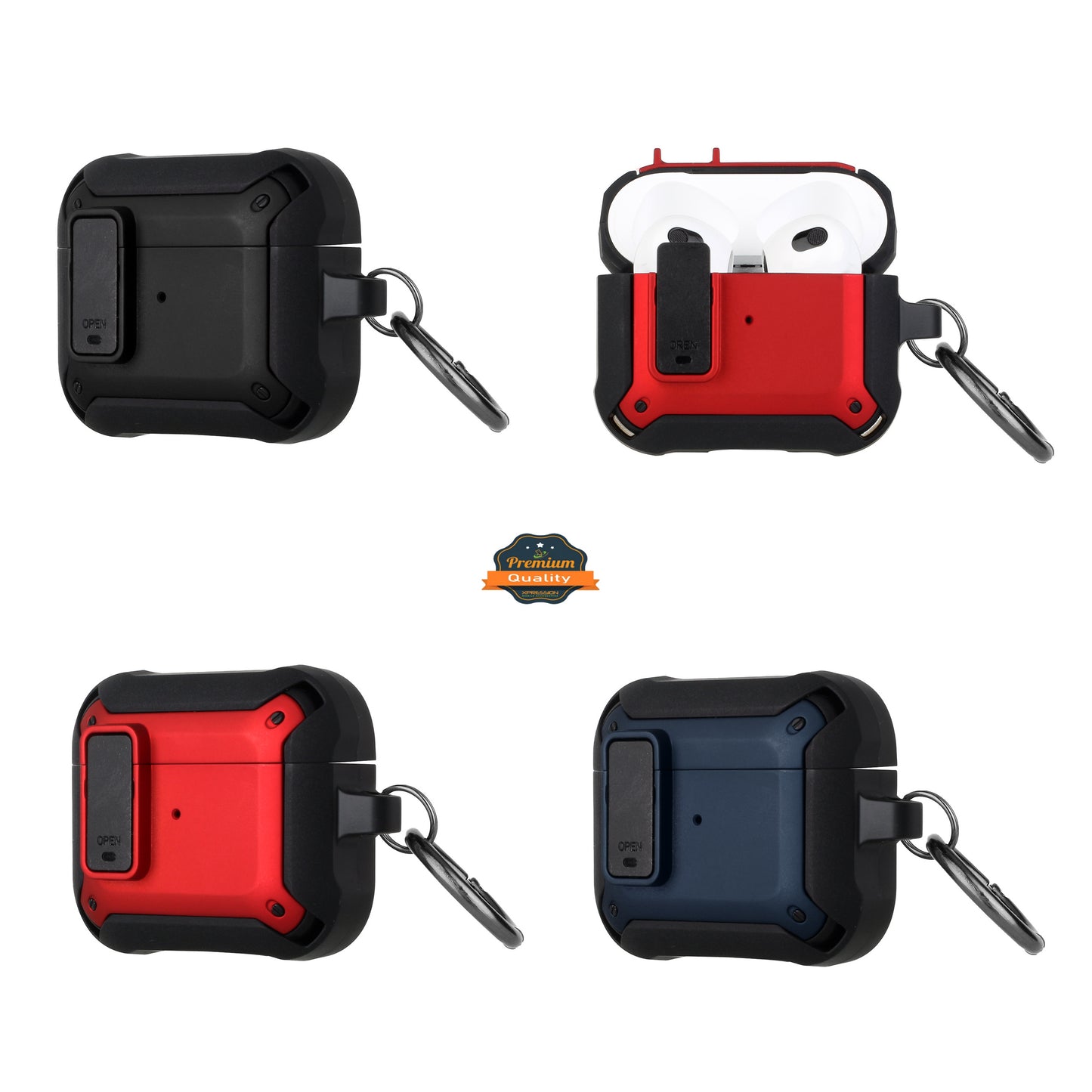 For Apple Airpods 4 ShockProof Hybrid With Metal Hook Carabiner & Switch Closure Full-Body TPU Rugged Protective Case Cover