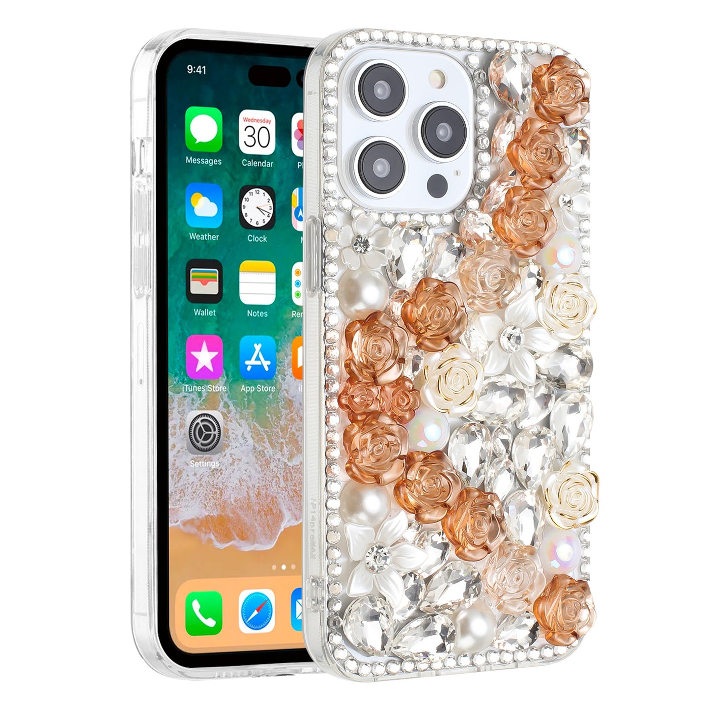 For iPhone 15 (6.1") Fashion Rose Flower Floral Bling Crystal 3D Full Diamonds Pearl Sparkle Rhinestone Glitter Hybrid Case Cover Yellow