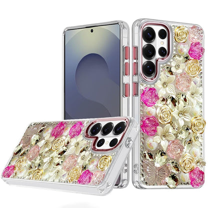 For Samsung Galaxy S25 Ultra 3D Diamond Floral Roses Flower Bling Stone Hybrid, Sparkly Rhinestone Gemstone Back Shockproof Case Cover