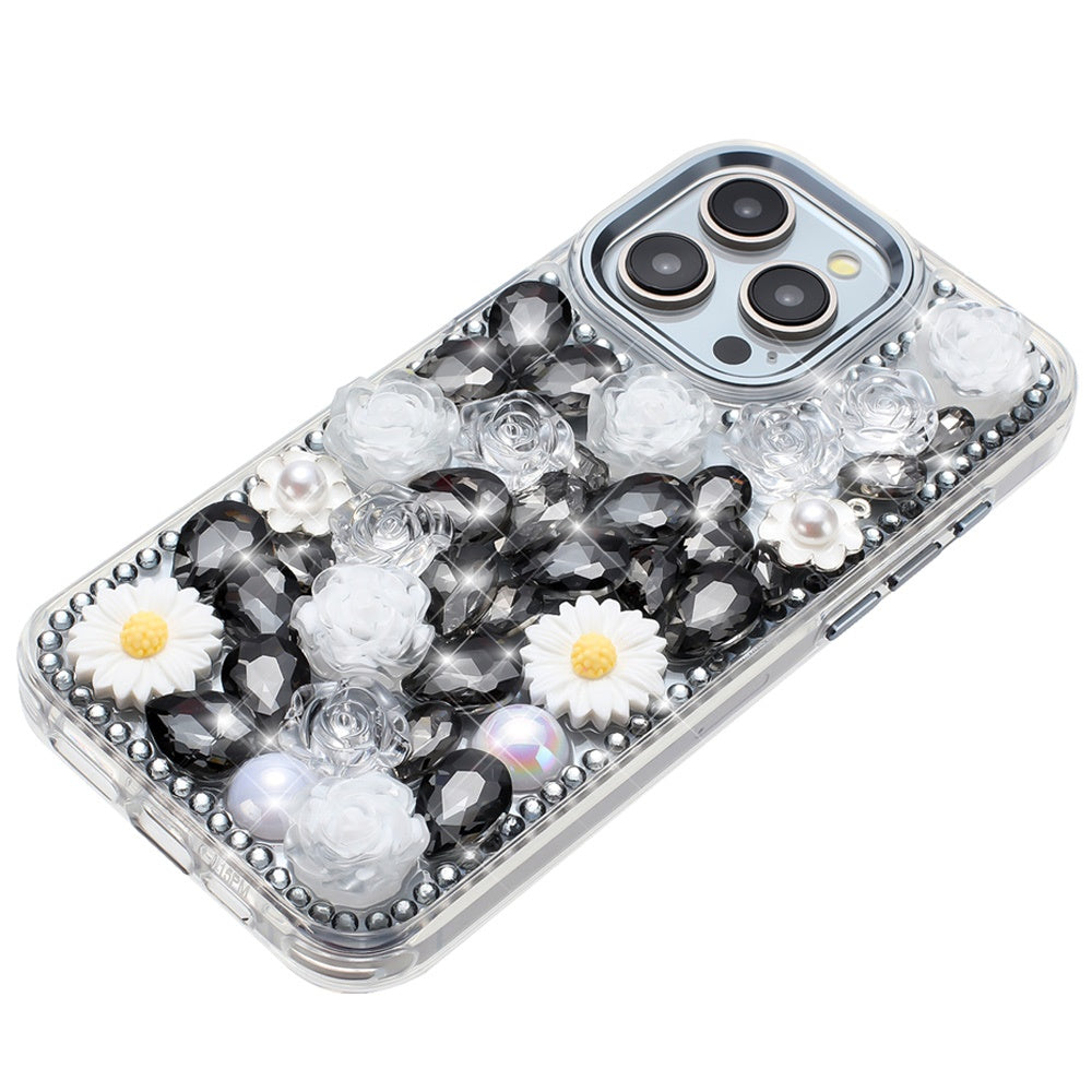 For Apple iPhone 15 Pro Max Fashion Daisy Floral Series, Full 3D Bling Crystal Diamonds Sparkling Rhinestone Glitter Hybrid Design Case Cover Black