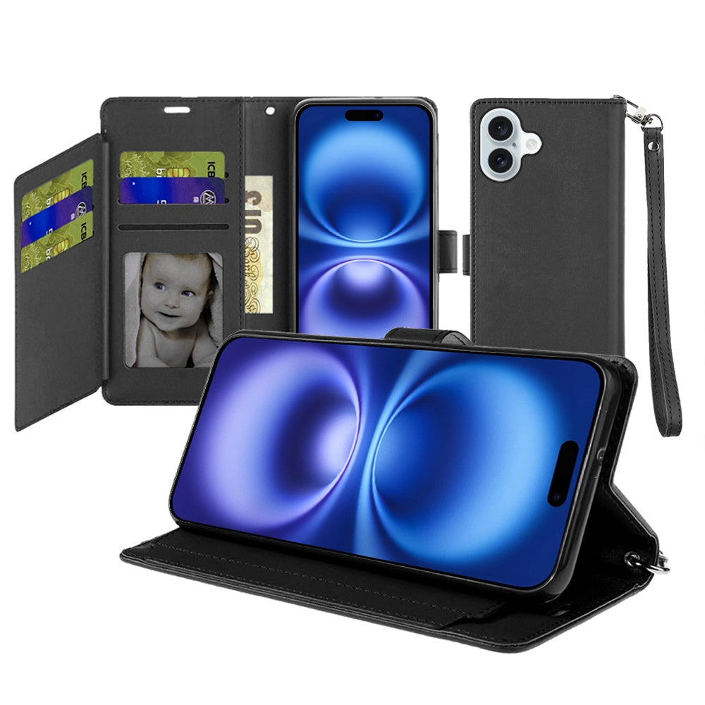 For Apple iPhone 17 (6.3") Wallet Case with ID/ Card Holder, Wristlet Strap, Magnetic TPU Protective Shockproof Folio Flip Case Cover