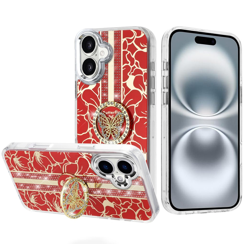 For iPhone 16 (6.1") Diamonds 3D Butterfly Floral Design Bling Sparkly Glitter Hybrid Metal Fashion with Ring Stand Case Cover