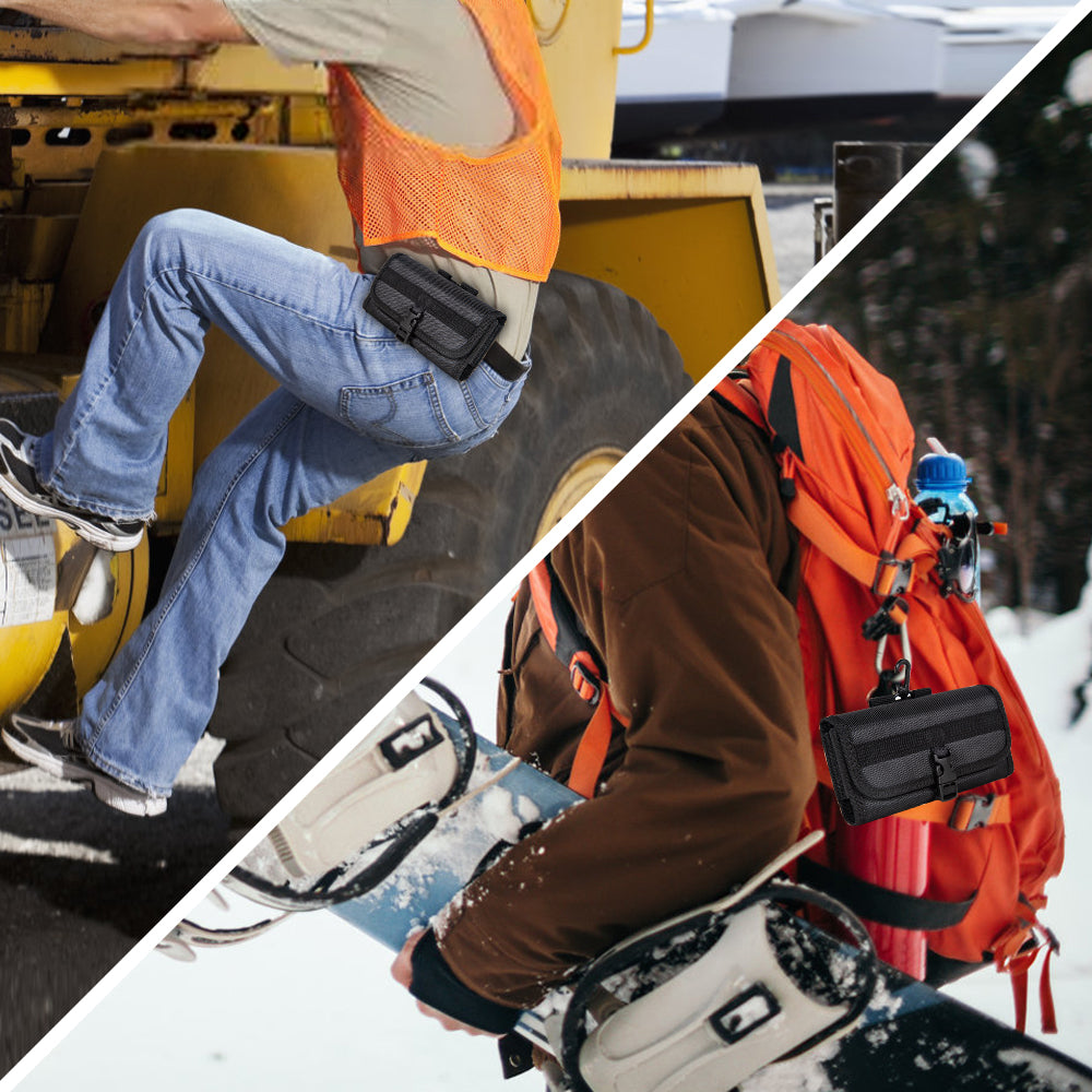 For Apple iPhone 16 Pro (6.3") Universal Pouch Case Horizontal Phone Holster Nylon Cover with Front Buckle, Belt Clip Loop & Hook Carabiner Large [Black]