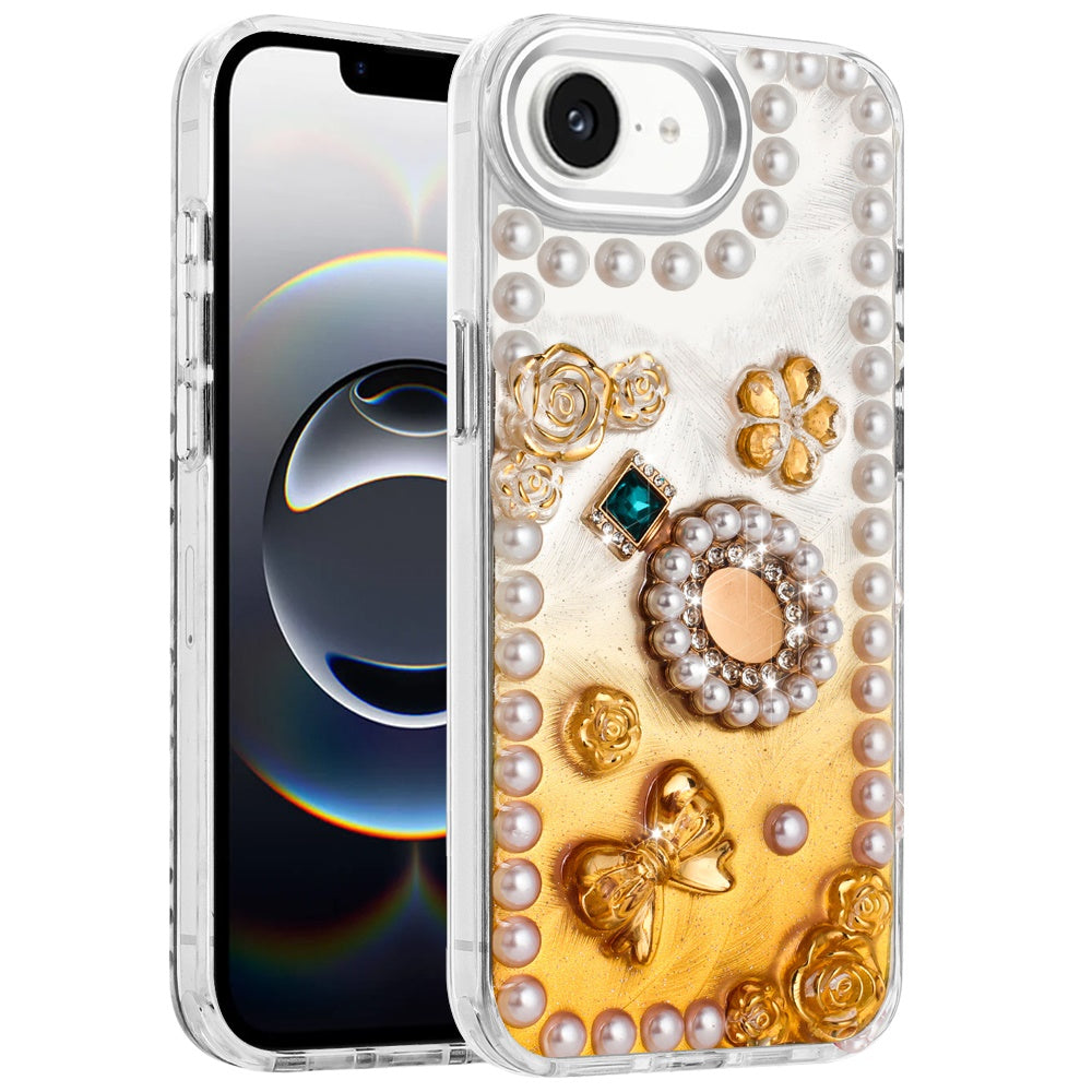 For Apple iPhone 16e Bling Fashion Design with 3D Pearls Epoxy Glitter Ornaments Chrome Edge Hard Slim PC Case Cover