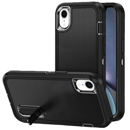 For iPhone XR Hybrid 3 Layers Hard 3in1 Shockproof with Kickstand Heavy Duty Hard TPU Rubber Anti-Drop Case Cover Black +Black
