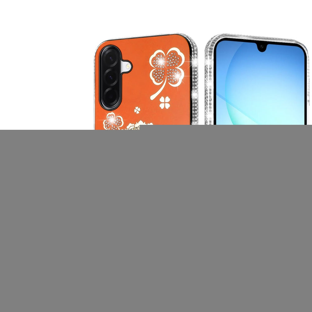 For Samsung Galaxy A17 5G Diamonds Bling All Around Edges Sparkly Glitter Hybrid with Ring Stand Holder Fashion Good Luck Case Cover Cosmic Orange