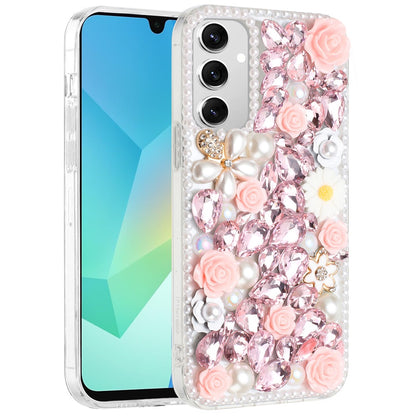 For Samsung Galaxy A16 5G Fashion Rose Flower Floral Bling Crystal 3D Full Diamonds Pearl Sparkle Rhinestone Glitter Hybrid Case Cover