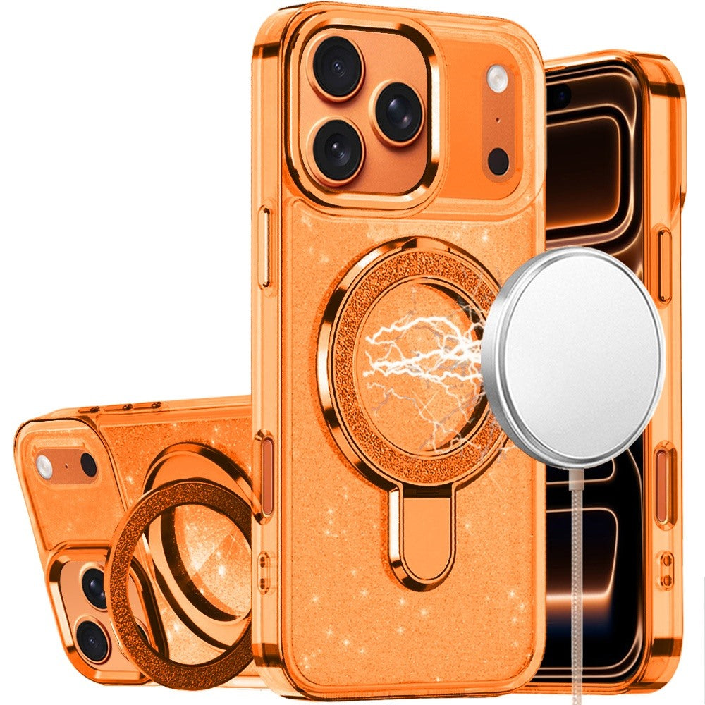 Phone Case for Apple iPhone 17 Pro Max (6.9") Transparent Glitter Bling Magnetic Ring Stand Shockproof Anti Slip Rotating Grip Protective Hybrid Durable Armor Cover Cosmic Orange