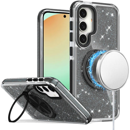For Samsung Galaxy S24 FE Slim Bling Glitter Sparkly Shimmer Hybrid with Magnetic Ring and 360° Rotational Stand [Compatible with Magsafe] Case Cover Purple