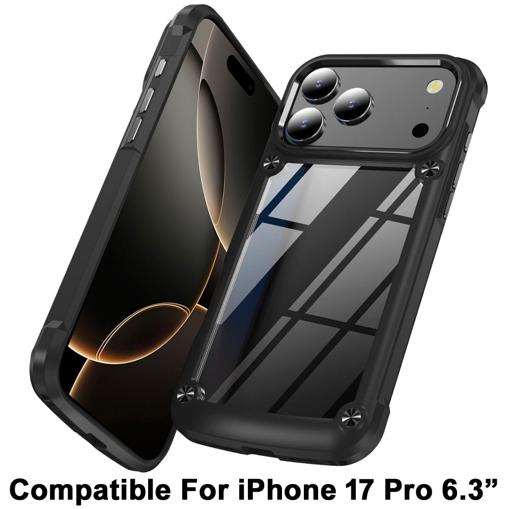 For Apple iPhone 17 Pro Hybrid Transparent Rubber with Metal Buttons & Camera Edges Hard TPU Corner Frame Bumper Case Cover
