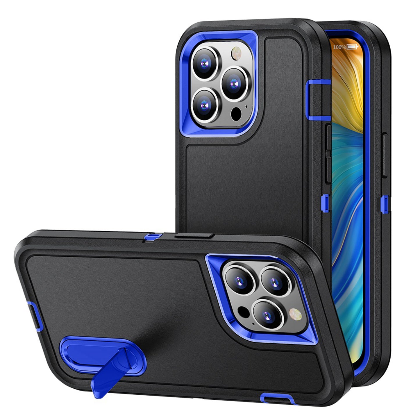 For Apple iPhone 16 Pro (6.3") Hybrid 3 Layers Hard 3in1 Shockproof with Kickstand Heavy Duty Hard TPU Rubber Anti-Drop Case Cover Black / Blue