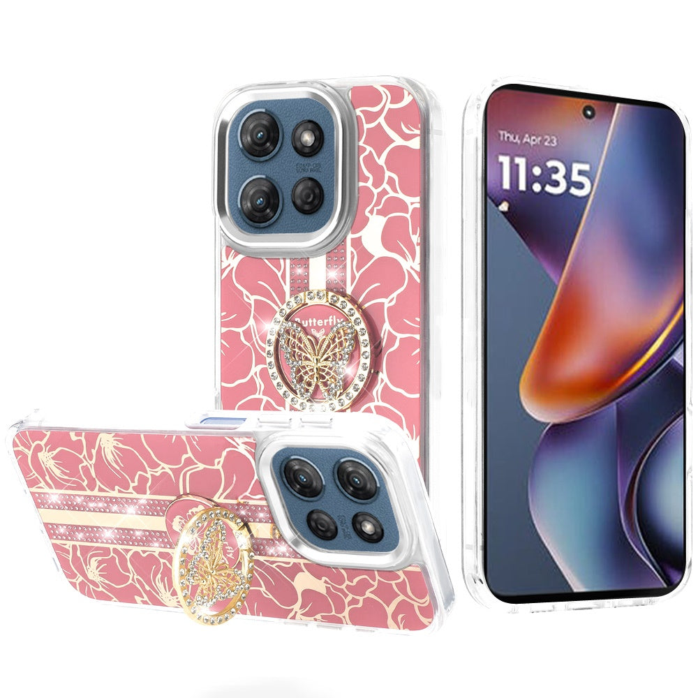 For Motorola Moto G 5G 2025 Diamonds 3D Butterfly Floral Design Bling Sparkly Glitter Hybrid Metal Fashion with Ring Stand Case Cover Light Pink
