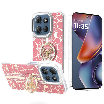 For Motorola Moto G 5G 2025 Diamonds 3D Butterfly Floral Design Bling Sparkly Glitter Hybrid Metal Fashion with Ring Stand Case Cover Light Pink