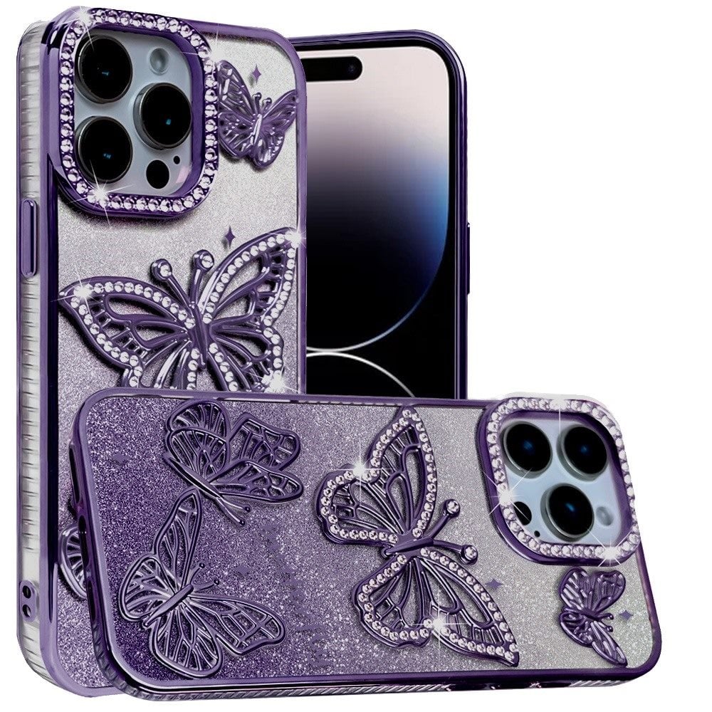 For iPhone 14 Pro Max (6.7") Luxury Butterfly Sparkle Glitter Diamond Crystal Rhinestone Shimmer Bling Plating Thick TPU Hard PC Case Cover