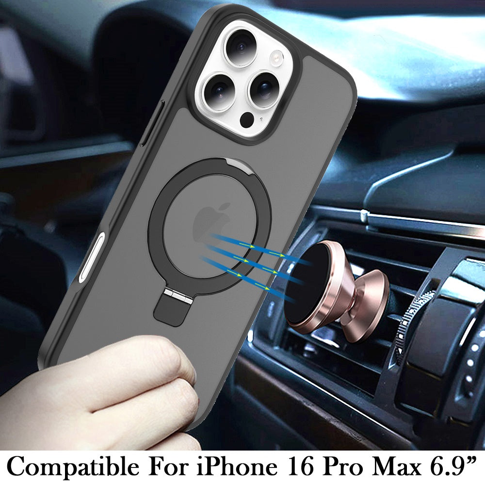 For iPhone 16 Pro Max (6.9") Magnetic Circle Back with Ring Stand Full Rotation Matte Hybrid Shockproof Protector