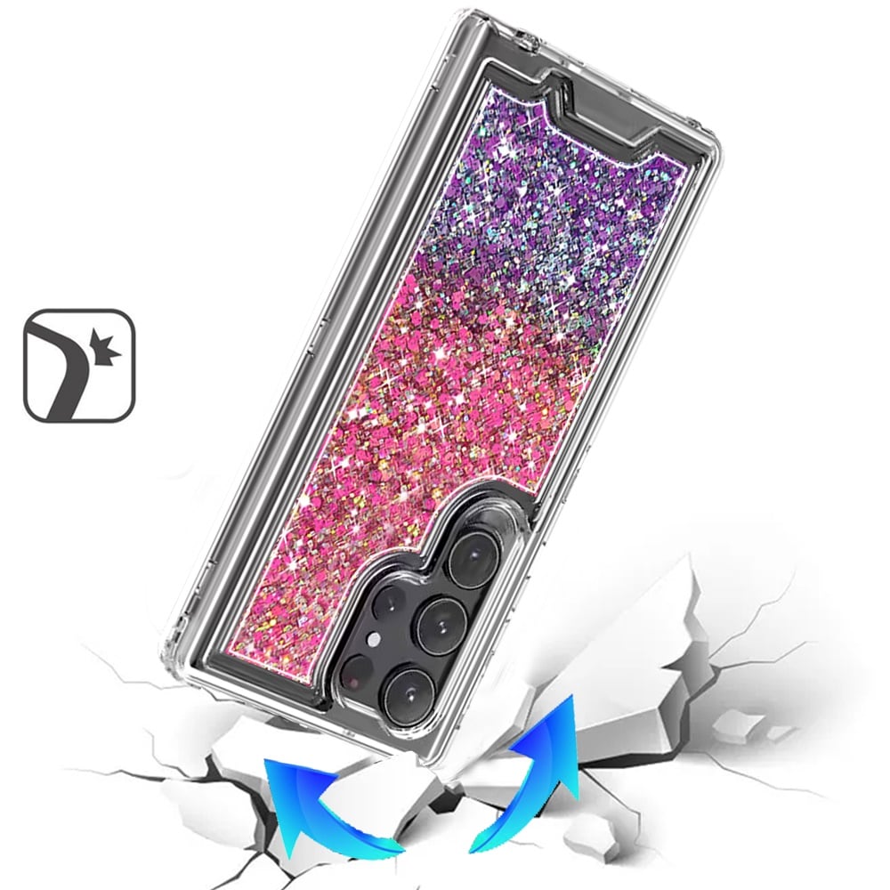 For Samsung Galaxy S23 Ultra Epoxy Bling Glitter Sparkly 3-in-1 Transparent Hybrid Full-Body Shockproof PC Bumper Case Cover Hot Pink+Purple