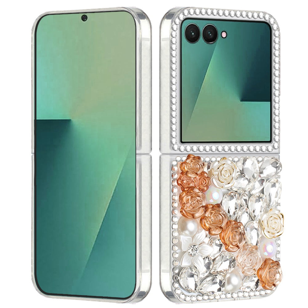 For Samsung Galaxy Z Flip 7 Fashion Rose Flower Floral Bling Crystal 3D Full Diamonds Pearl Sparkle Rhinestone Glitter Hybrid Case Cover