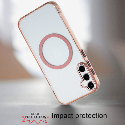For Samsung Galaxy A37 Transparent Back Hybrid Case - Magnetic Circle, Color Frame, Metal Buttons, MagSafe Compatible Case Cover Rose Gold