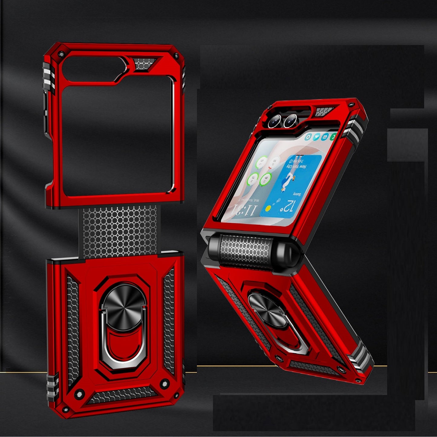 For Samsung Galaxy Z Flip 7 FE Hybrid Shockproof Protective with Magnetic 360° rotating Ring Kickstand, TPU Rubber PC Case Cover Red