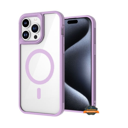 For Apple iPhone 15 Pro (6.1") Magnetic Compatible with Magsafe Wireless Charger PC + TPU Hybrid Slim Transparent Purple Phone Case Cover