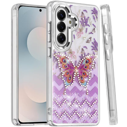For Samsung Galaxy S25 FE /S25 Fan Edition Butterfly Resin Epoxy Diamond Design Metal Edged Hybrid Shockproof Heavy Duty Drop Protection Case Cover