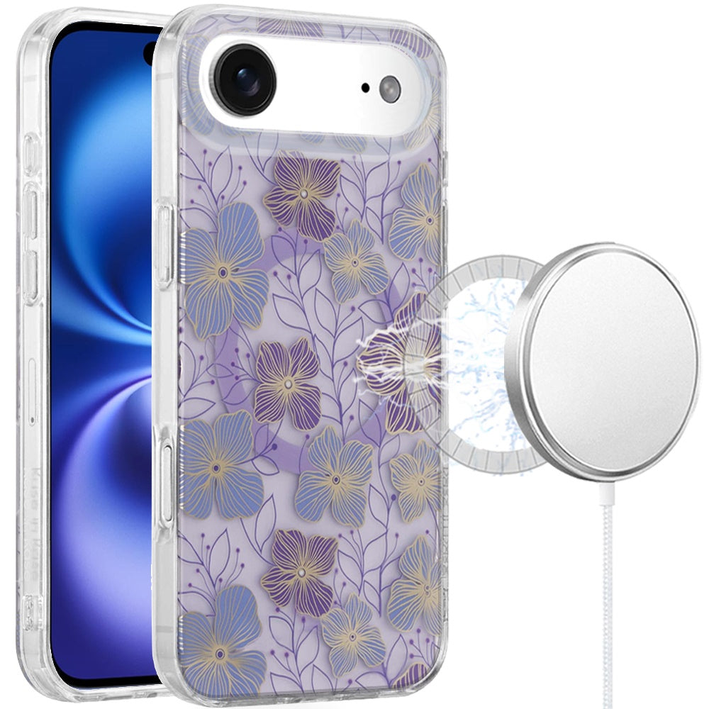 For Apple iPhone 17 Pro Stylish Pattern Fashion IMD Printed Design TPU Double Layer Slim Shockproof with Magnetic Back Case Cover Purple Flower