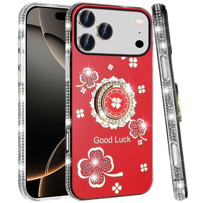 For Apple iPhone 17 Pro (6.3") Diamonds Bling All Around Edges Sparkly Glitter Hybrid with Ring Stand Holder Fashion Good Luck Case Cover