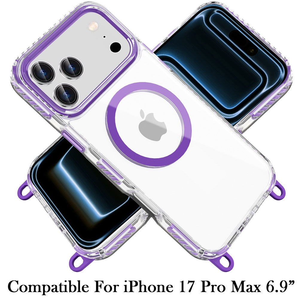 For Apple iPhone 17 Pro Max (6.9") Clear Magnetic Frame PC Back Shockproof Protective Case with Detachable Lanyard Strap, Compatible with MagSafe Case Cover Dark Purple
