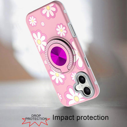 For Apple iPhone 17 (6.3") Pattern Design Hybrid with Invisible Ring Stand & Magnetic Back, Shockproof Protective Grip Case Cover Pink Daisy Flower