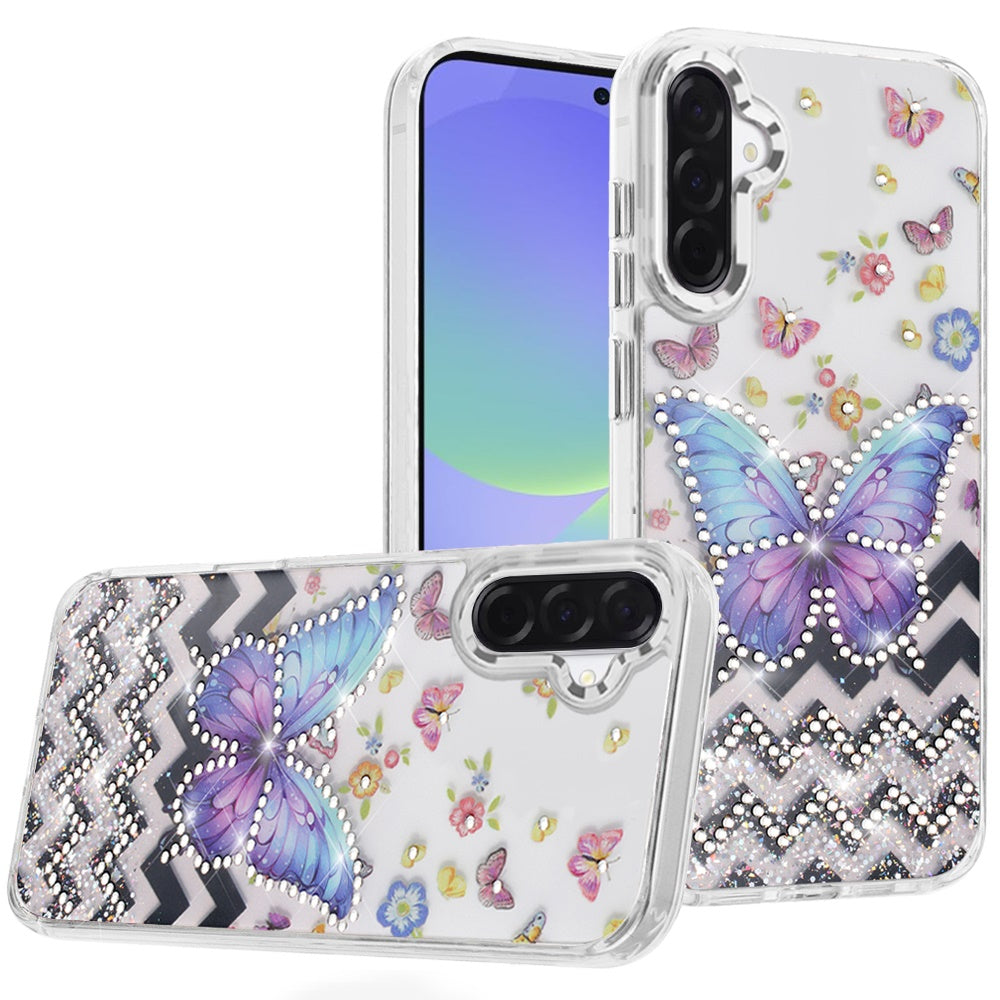 For Samsung Galaxy A37 Butterfly Resin Epoxy Diamond Design Metal Edged Hybrid Shockproof Heavy Duty Drop Protection Case Cover
