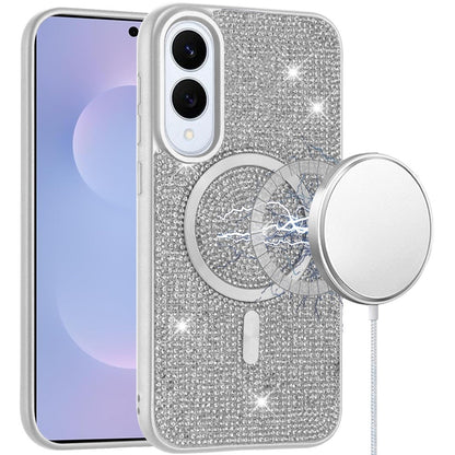 For Samsung Galaxy S25 EDGE Sparkly Diamond Bling Case Rhinestone Skin Hybrid with Magnetic Circle, MagSafe Compatible Case Cover White