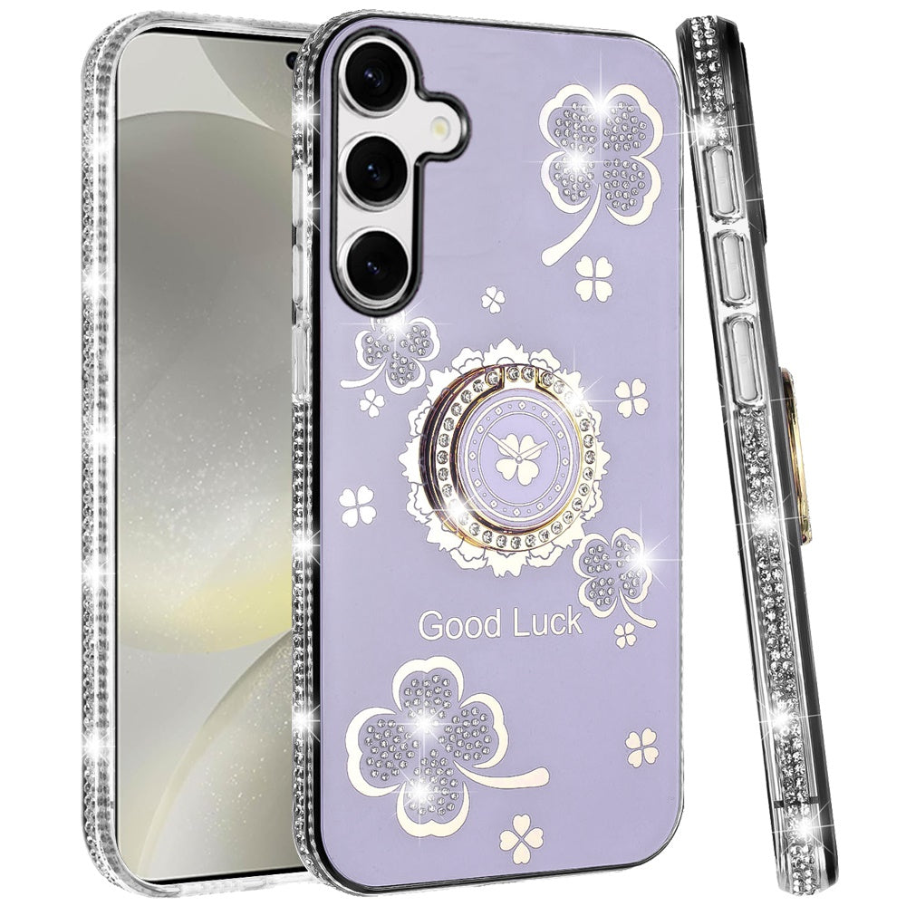 For Samsung Galaxy S25 /S24 Diamonds Bling All Around Edges Sparkly Glitter Hybrid with Ring Stand Holder Fashion Good Luck Case Cover