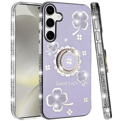For Samsung Galaxy S25 /S24 Diamonds Bling All Around Edges Sparkly Glitter Hybrid with Ring Stand Holder Fashion Good Luck Case Cover